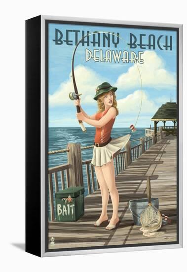 Bethany Beach, Delaware - Pinup Girl Fishing-Lantern Press-Framed Stretched Canvas