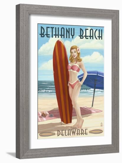 Bethany Beach, Delaware - Surfer Pinup-Lantern Press-Framed Art Print