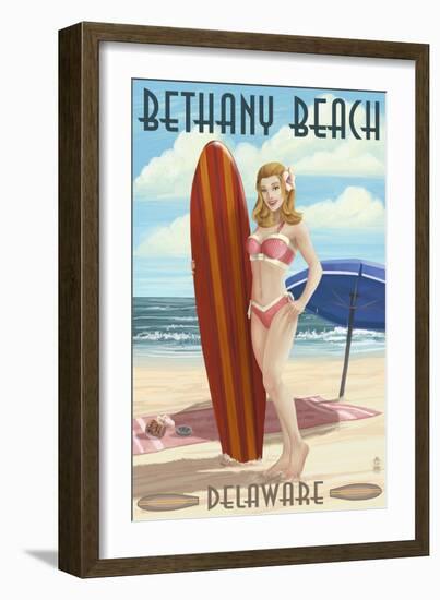 Bethany Beach, Delaware - Surfer Pinup-Lantern Press-Framed Art Print