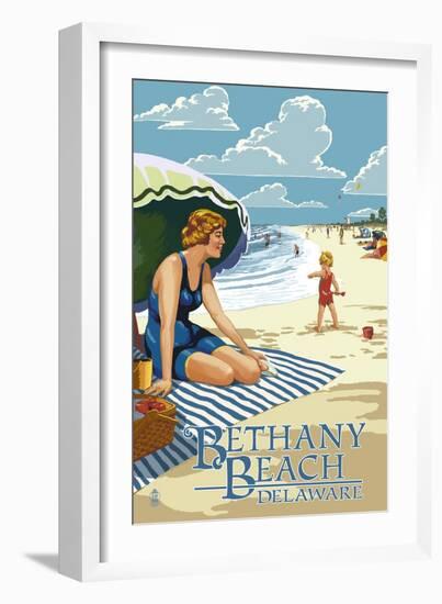 Bethany Beach, Delaware - Woman on Beach-Lantern Press-Framed Art Print