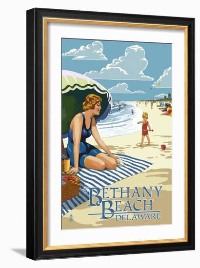 Bethany Beach, Delaware - Woman on Beach-Lantern Press-Framed Art Print