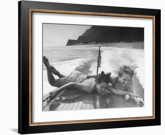 Betty Brooks and Patti McCarty Motor Boating at Catalina Island-Peter Stackpole-Framed Premium Photographic Print