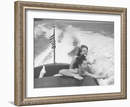 Betty Brooks and Patti McCarty Motor Boating at Catalina Island-Peter Stackpole-Framed Photographic Print