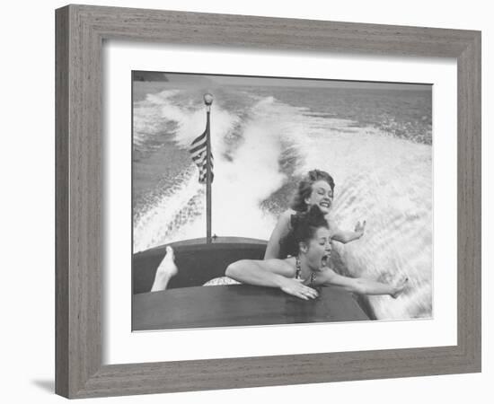 Betty Brooks and Patti McCarty Motor Boating at Catalina Island-Peter Stackpole-Framed Photographic Print