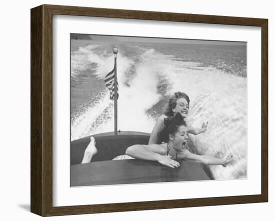 Betty Brooks and Patti McCarty Motor Boating at Catalina Island-Peter Stackpole-Framed Photographic Print
