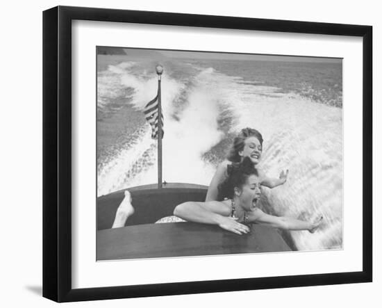 Betty Brooks and Patti McCarty Motor Boating at Catalina Island-Peter Stackpole-Framed Photographic Print