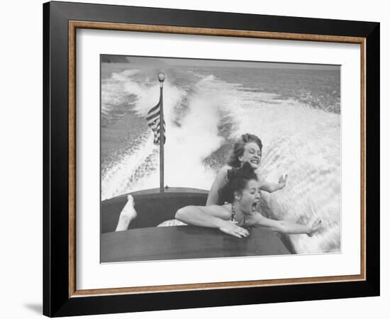 Betty Brooks and Patti McCarty Motor Boating at Catalina Island-Peter Stackpole-Framed Photographic Print