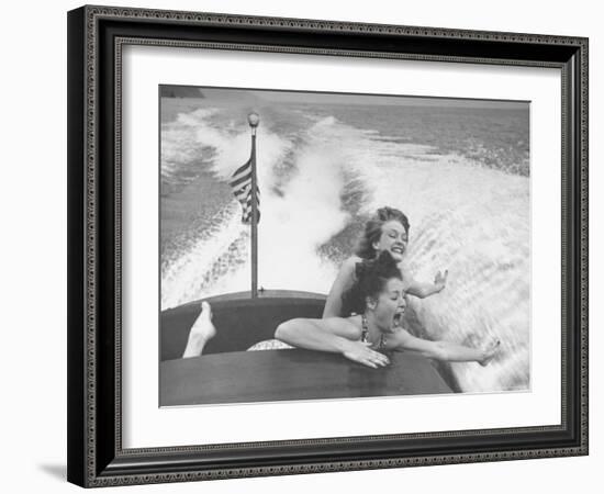 Betty Brooks and Patti McCarty Motor Boating at Catalina Island-Peter Stackpole-Framed Photographic Print