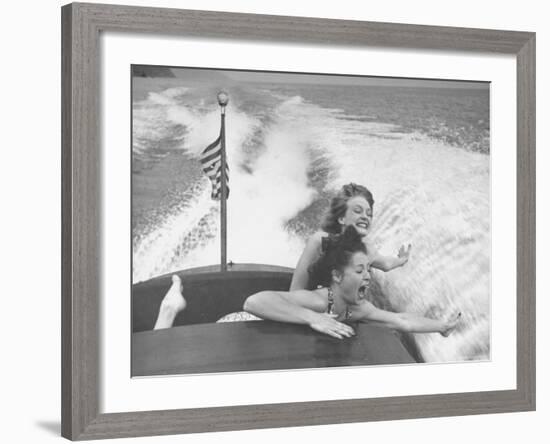 Betty Brooks and Patti McCarty Motor Boating at Catalina Island-Peter Stackpole-Framed Photographic Print