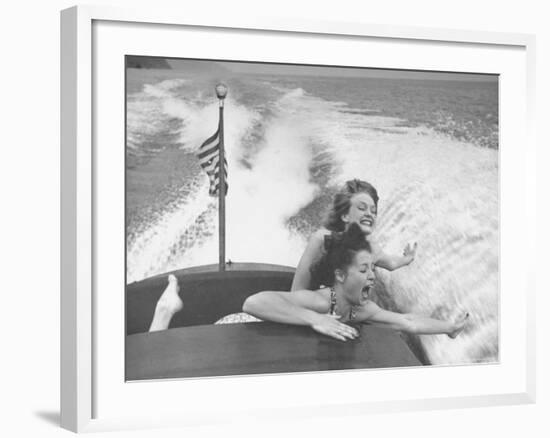 Betty Brooks and Patti McCarty Motor Boating at Catalina Island-Peter Stackpole-Framed Photographic Print