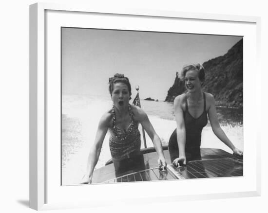 Betty Brooks and Patti McCarty Motor Boating at Catalina Island-Peter Stackpole-Framed Premium Photographic Print