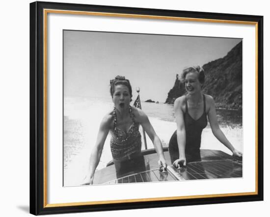 Betty Brooks and Patti McCarty Motor Boating at Catalina Island-Peter Stackpole-Framed Premium Photographic Print