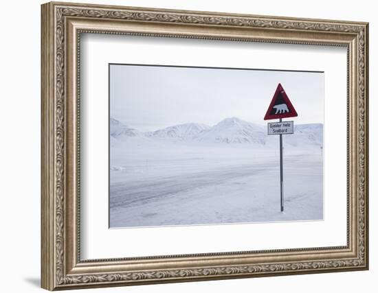 Beware of Polar Bear Traffic Sign on Ice Road-Stephen Studd-Framed Photographic Print