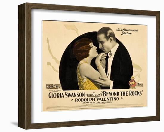 BEYOND THE ROCKS, l-r: Gloria Swanson, Rudolph Valentino on lobbycard, 1922.-null-Framed Art Print