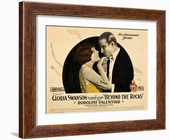 BEYOND THE ROCKS, l-r: Gloria Swanson, Rudolph Valentino on lobbycard, 1922.-null-Framed Art Print