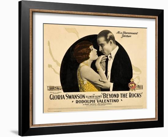 BEYOND THE ROCKS, l-r: Gloria Swanson, Rudolph Valentino on lobbycard, 1922.-null-Framed Art Print