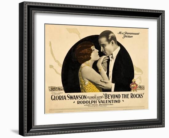 BEYOND THE ROCKS, l-r: Gloria Swanson, Rudolph Valentino on lobbycard, 1922.-null-Framed Art Print