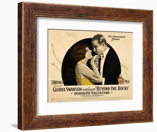 BEYOND THE ROCKS, l-r: Gloria Swanson, Rudolph Valentino on lobbycard, 1922.-null-Framed Art Print