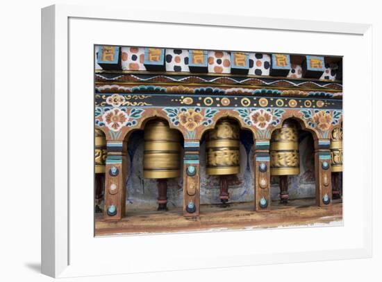 Bhutan, Paro, capital of Paro District, Dzongkhag. Traditional prayer wheels.-Cindy Miller Hopkins-Framed Premium Photographic Print