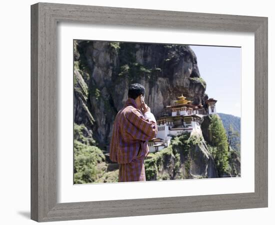 Bhutanese Man with Cell Phone, Taktshang Goemba (Tiger's Nest) Monastery, Paro, Bhutan, Asia-Angelo Cavalli-Framed Photographic Print