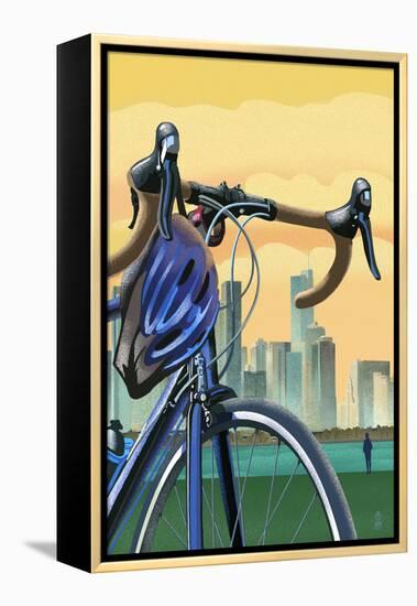 Bicycle and City Lithography Style-Lantern Press-Framed Stretched Canvas