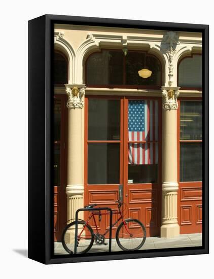 Bicycle at Entrance to the Blagen Building in Old Town, Portland, Oregon, USA-Janis Miglavs-Framed Premier Image Canvas