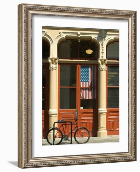 Bicycle at Entrance to the Blagen Building in Old Town, Portland, Oregon, USA-Janis Miglavs-Framed Photographic Print