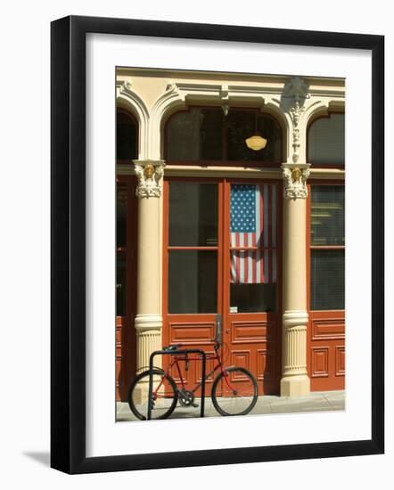 Bicycle at Entrance to the Blagen Building in Old Town, Portland, Oregon, USA-Janis Miglavs-Framed Photographic Print