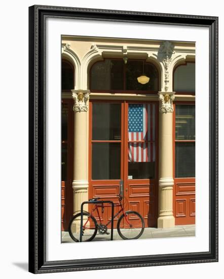 Bicycle at Entrance to the Blagen Building in Old Town, Portland, Oregon, USA-Janis Miglavs-Framed Photographic Print