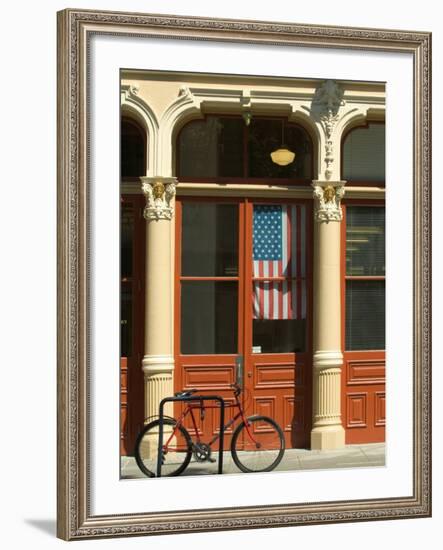 Bicycle at Entrance to the Blagen Building in Old Town, Portland, Oregon, USA-Janis Miglavs-Framed Photographic Print