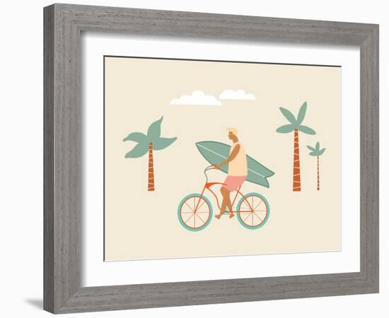 Bicycle Rider with Surfboard on the Beach-Tasiania-Framed Art Print