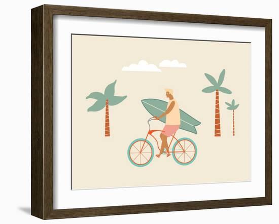 Bicycle Rider with Surfboard on the Beach-Tasiania-Framed Art Print