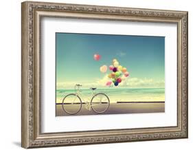 Bicycle Vintage with Heart Balloon on Beach Blue Sky Concept of Love in Summer and Wedding-jakkapan-Framed Photographic Print