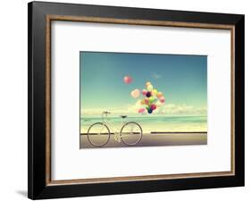 Bicycle Vintage with Heart Balloon on Beach Blue Sky Concept of Love in Summer and Wedding-jakkapan-Framed Photographic Print
