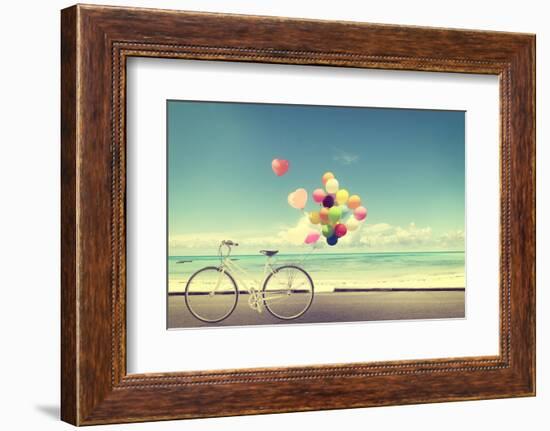 Bicycle Vintage with Heart Balloon on Beach Blue Sky Concept of Love in Summer and Wedding-jakkapan-Framed Photographic Print