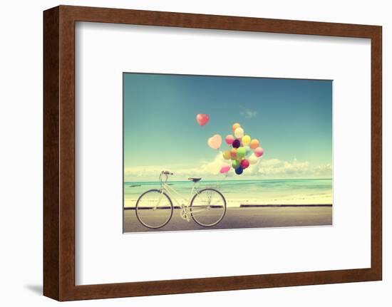 Bicycle Vintage with Heart Balloon on Beach Blue Sky Concept of Love in Summer and Wedding-jakkapan-Framed Photographic Print