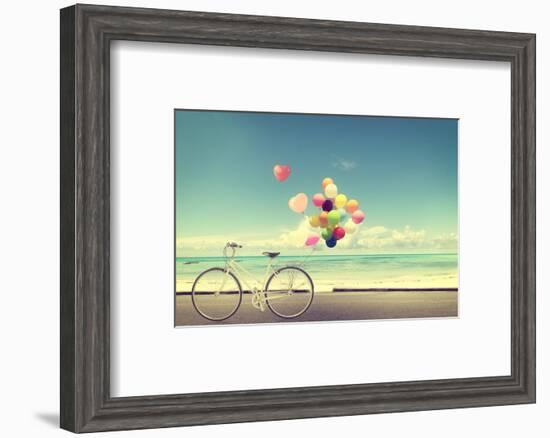 Bicycle Vintage with Heart Balloon on Beach Blue Sky Concept of Love in Summer and Wedding-jakkapan-Framed Photographic Print