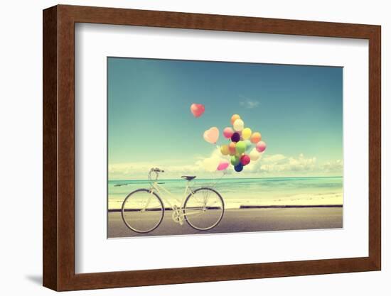 Bicycle Vintage with Heart Balloon on Beach Blue Sky Concept of Love in Summer and Wedding-jakkapan-Framed Photographic Print