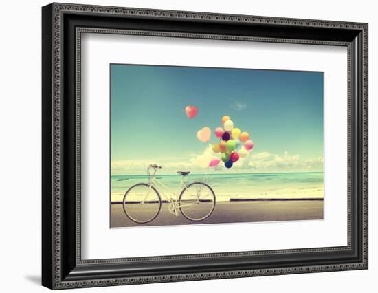 Bicycle Vintage with Heart Balloon on Beach Blue Sky Concept of Love in Summer and Wedding-jakkapan-Framed Photographic Print