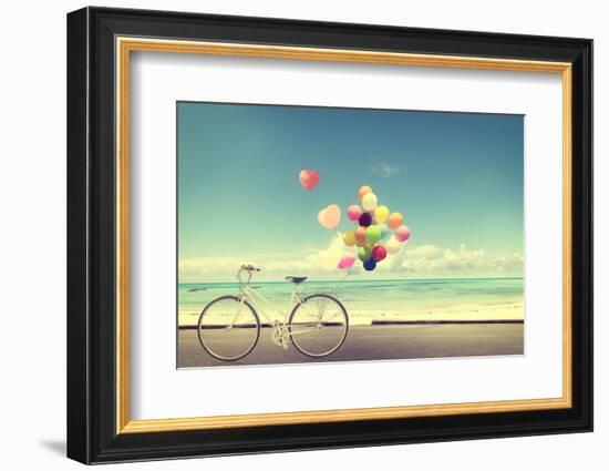 Bicycle Vintage with Heart Balloon on Beach Blue Sky Concept of Love in Summer and Wedding-jakkapan-Framed Photographic Print