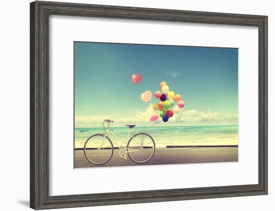 Bicycle Vintage with Heart Balloon on Beach Blue Sky Concept of Love in Summer and Wedding-jakkapan-Framed Photographic Print