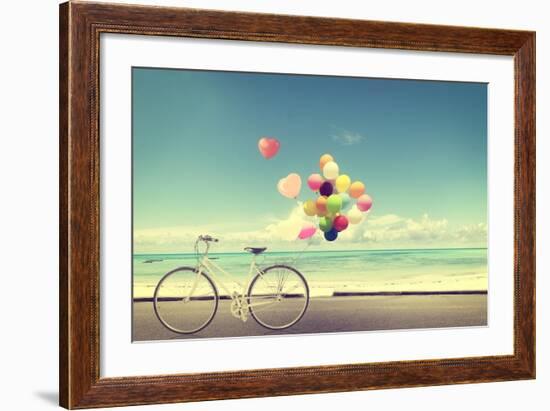 Bicycle Vintage with Heart Balloon on Beach Blue Sky Concept of Love in Summer and Wedding-jakkapan-Framed Photographic Print