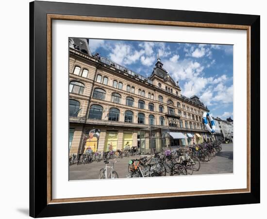 Bicycles parked in front of the Magasin du Nord department store, Copenhagen, Denmark, Scandinavia-Jean Brooks-Framed Photographic Print