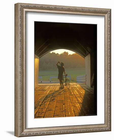 Bicyclist at Covered Bridge, Iowa, USA-Chuck Haney-Framed Photographic Print