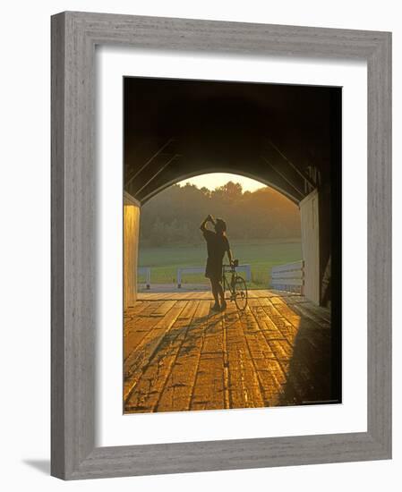 Bicyclist at Covered Bridge, Iowa, USA-Chuck Haney-Framed Photographic Print