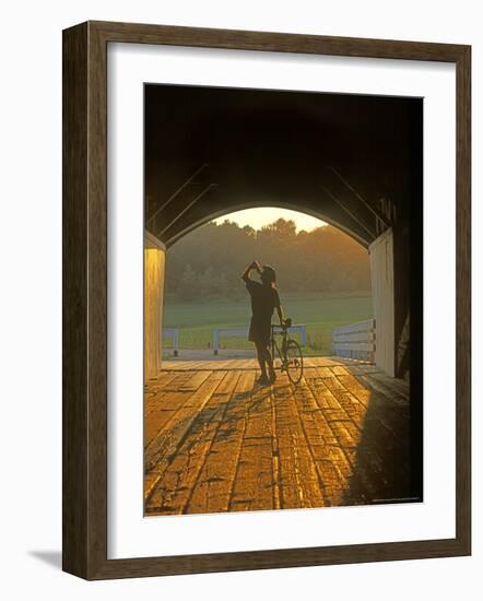 Bicyclist at Covered Bridge, Iowa, USA-Chuck Haney-Framed Photographic Print