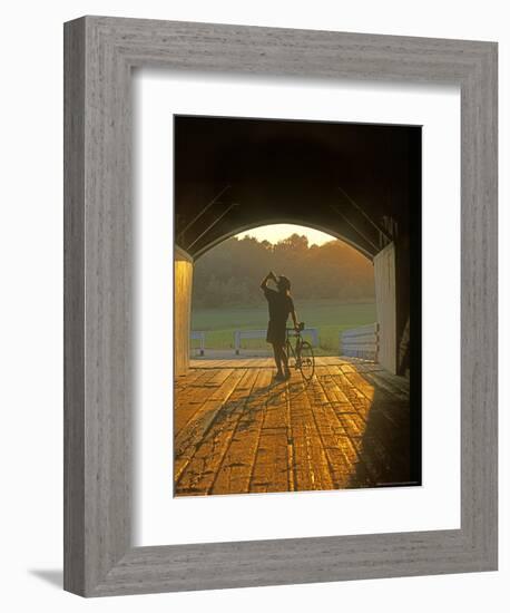 Bicyclist at Covered Bridge, Iowa, USA-Chuck Haney-Framed Photographic Print