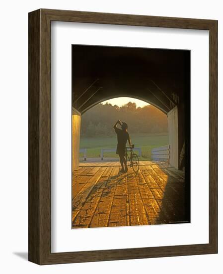 Bicyclist at Covered Bridge, Iowa, USA-Chuck Haney-Framed Photographic Print