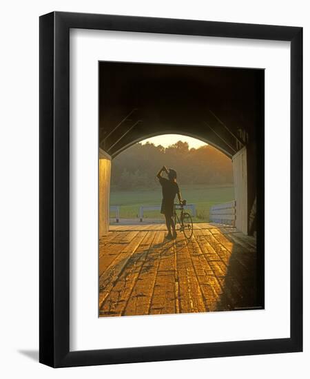 Bicyclist at Covered Bridge, Iowa, USA-Chuck Haney-Framed Photographic Print