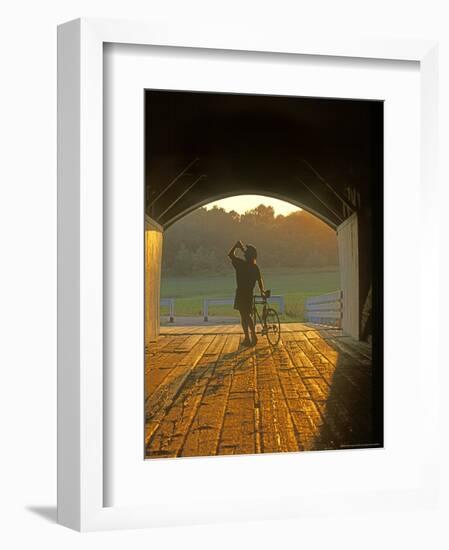 Bicyclist at Covered Bridge, Iowa, USA-Chuck Haney-Framed Photographic Print